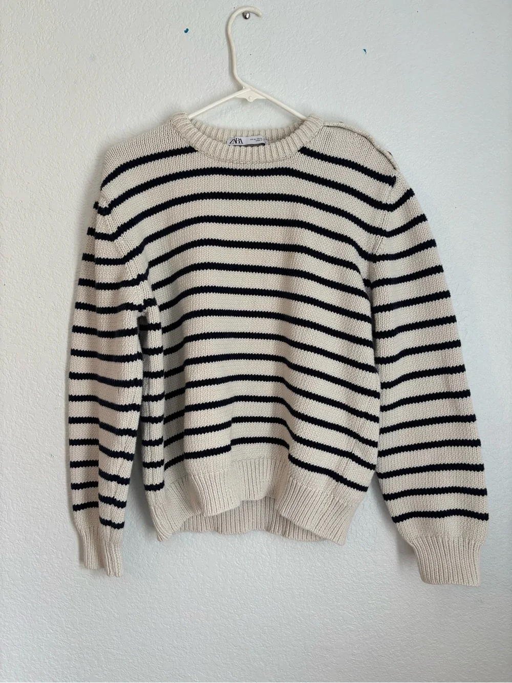 Zara Beige/Black Striped Knit Pullover Sweater XL Crew Neck Shoulder Buttons